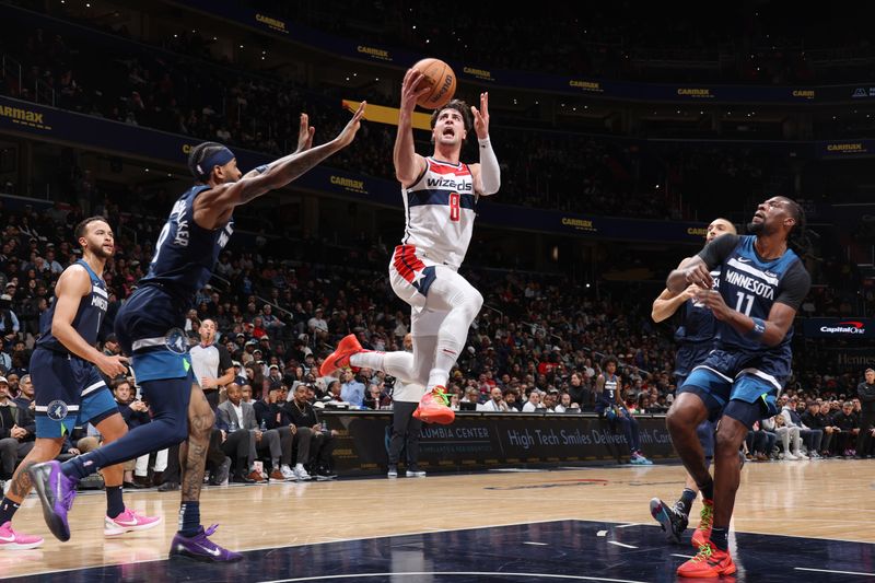 WASHINGTON, DC -? JANUARY 24: Deni Avdija #8 of the Washington Wizards drives to the basket during the game against the Minnesota Timberwolves on January 24, 2024 at Capital One Arena in Washington, DC. NOTE TO USER: User expressly acknowledges and agrees that, by downloading and or using this Photograph, user is consenting to the terms and conditions of the Getty Images License Agreement. Mandatory Copyright Notice: Copyright 2024 NBAE (Photo by Stephen Gosling/NBAE via Getty Images)