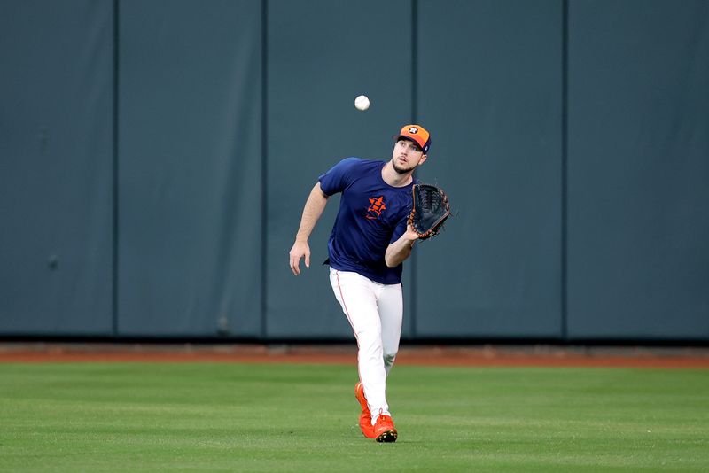 Sep 12, 2024; Houston, Texas, USA; Houston Astros right fielder Kyle Tucker (30) warms up prior to the game against the Oakland Athletics at Minute Maid Park. Mandatory Credit: Erik Williams-Imagn Images