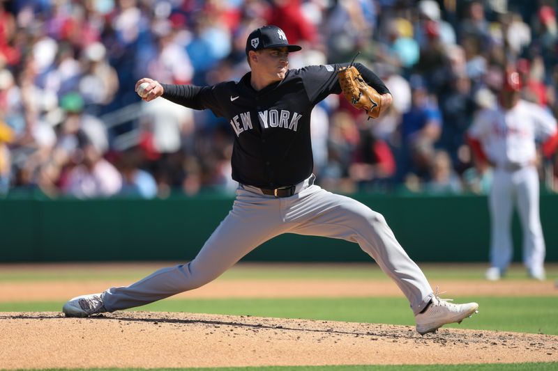 Feb 25, 2024; Clearwater, Florida, USA;  New York Yankees relief pitcher Ron Marinaccio (97) throws a pitch  against the Philadelphia Phillies in the fourth inning at BayCare Ballpark. Mandatory Credit: Nathan Ray Seebeck-USA TODAY Sports