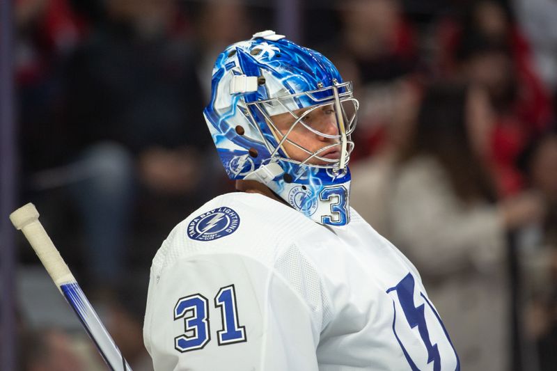 Nov 4, 2023; Ottawa, Ontario, CAN; Tampa Bay Lightning jonas Johansson (31) prior to the start of the first period against the Ottawa Senators at the Canadian Tire Centre. Mandatory Credit: Marc DesRosiers-USA TODAY Sports