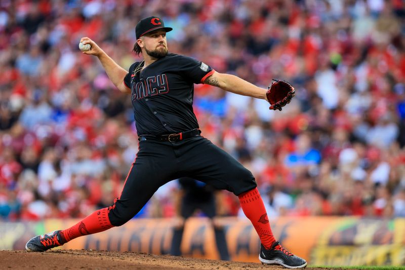 May 24, 2024; Cincinnati, Ohio, USA; Cincinnati Reds starting pitcher Graham Ashcraft (51) pitches against the Los Angeles Dodgers in the third inning at Great American Ball Park. Mandatory Credit: Katie Stratman-USA TODAY Sports