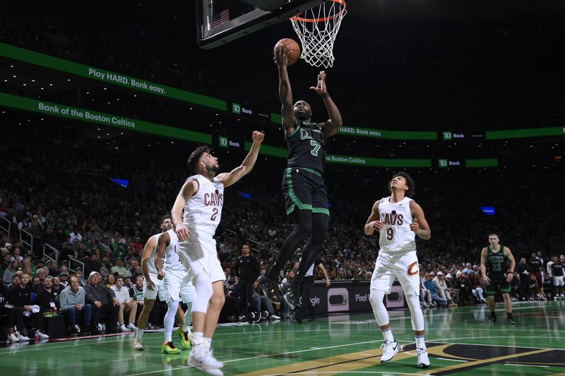 BOSTON, MA - NOVEMBER 19:   Jaylen Brown #7 of the Boston Celtics shoots the ball during the game against the Cleveland Cavaliers during the Emirates NBA Cup game on November 19, 2024 at TD Garden in Boston, Massachusetts. NOTE TO USER: User expressly acknowledges and agrees that, by downloading and/or using this Photograph, user is consenting to the terms and conditions of the Getty Images License Agreement. Mandatory Copyright Notice: Copyright 2024 NBAE (Photo by Brian Babineau/NBAE via Getty Images)