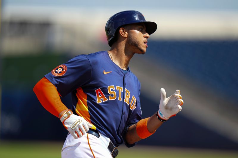 Mar 5, 2025; West Palm Beach, Florida, USA; Houston Astros shortstop Jeremy Pena (3) rounds the bases after hitting a home run against the St. Louis Cardinals during the second inning at CACTI Park of the Palm Beaches. Mandatory Credit: Rich Storry-Imagn Images