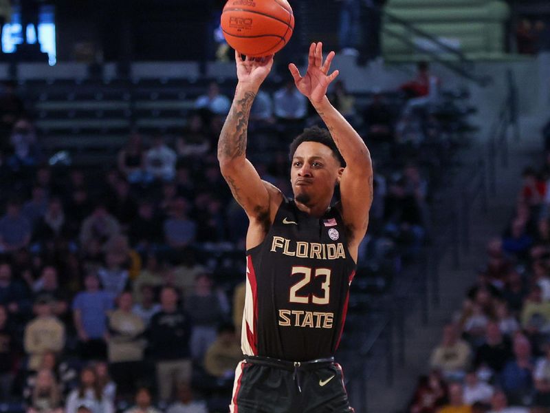 Mar 2, 2024; Atlanta, Georgia, USA; Florida State Seminoles guard Primo Spears (23) shoots against the Georgia Tech Yellow Jackets in the first half at McCamish Pavilion. Mandatory Credit: Brett Davis-USA TODAY Sports
