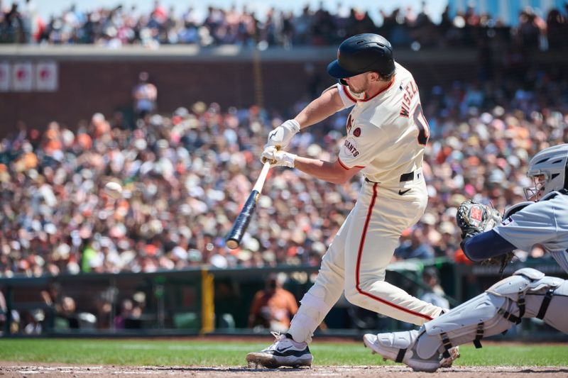 Aug 10, 2024; San Francisco, California, USA; San Francisco Giants infielder Brett Wisely (0) bats against the Detroit Tigers during the sixth inning at Oracle Park. Mandatory Credit: Robert Edwards-USA TODAY Sports