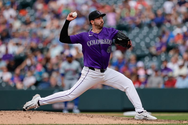 Aug 8, 2024; Denver, Colorado, USA; Colorado Rockies relief pitcher Riley Pint (41) pitches in the seventh inning against the New York Mets at Coors Field. Mandatory Credit: Isaiah J. Downing-USA TODAY Sports