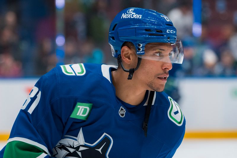 Mar 18, 2025; Vancouver, British Columbia, CAN; Vancouver Canucks forward Dakota Joshua (81) skates during warm up prior to a game against the Winnipeg Jets at Rogers Arena.  Mandatory Credit: Bob Frid-Imagn Images