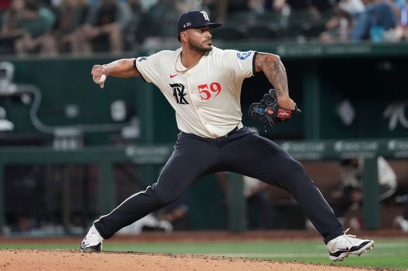 Jun 7, 2024; Arlington, Texas, USA; Texas Rangers relief pitcher Jesus Tinoco (59) delivers a pitch to the San Francisco Giants during the eighth inning at Globe Life Field. Mandatory Credit: Jim Cowsert-USA TODAY Sports