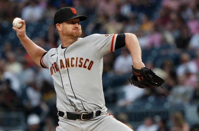 Jul 15, 2023; Pittsburgh, Pennsylvania, USA; San Francisco Giants starting pitcher Alex Cobb (38) delivers against the Pittsburgh Pirates during the first inning at PNC Park. Mandatory Credit: Charles LeClaire-USA TODAY Sports