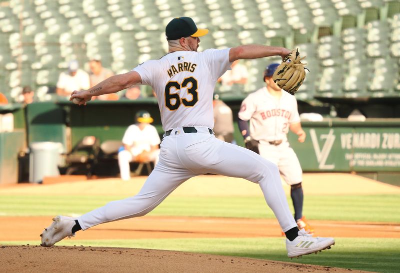 Jul 22, 2024; Oakland, California, USA; Oakland Athletics starting pitcher Hogan Harris (63) pitches the ball against the Houston Astros during the first inning at Oakland-Alameda County Coliseum. Mandatory Credit: Kelley L Cox-USA TODAY Sports