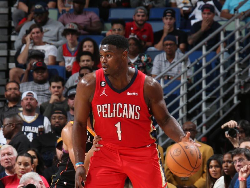 NEW ORLEANS, LA - DECEMBER 9: Zion Williamson #1 of the New Orleans Pelicans dribbles the ball against the Phoenix Suns on December 9, 2022 at the Smoothie King Center in New Orleans, Louisiana. NOTE TO USER: User expressly acknowledges and agrees that, by downloading and or using this Photograph, user is consenting to the terms and conditions of the Getty Images License Agreement. Mandatory Copyright Notice: Copyright 2022 NBAE (Photo by Layne Murdoch Jr./NBAE via Getty Images)