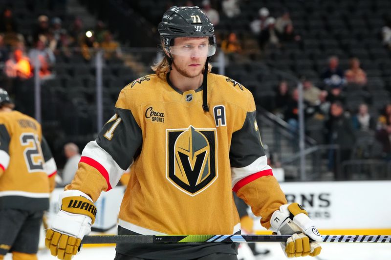 Nov 29, 2024; Las Vegas, Nevada, USA; Vegas Golden Knights center William Karlsson (71) warms up before a game against the Winnipeg Jets at T-Mobile Arena. Mandatory Credit: Stephen R. Sylvanie-Imagn Images