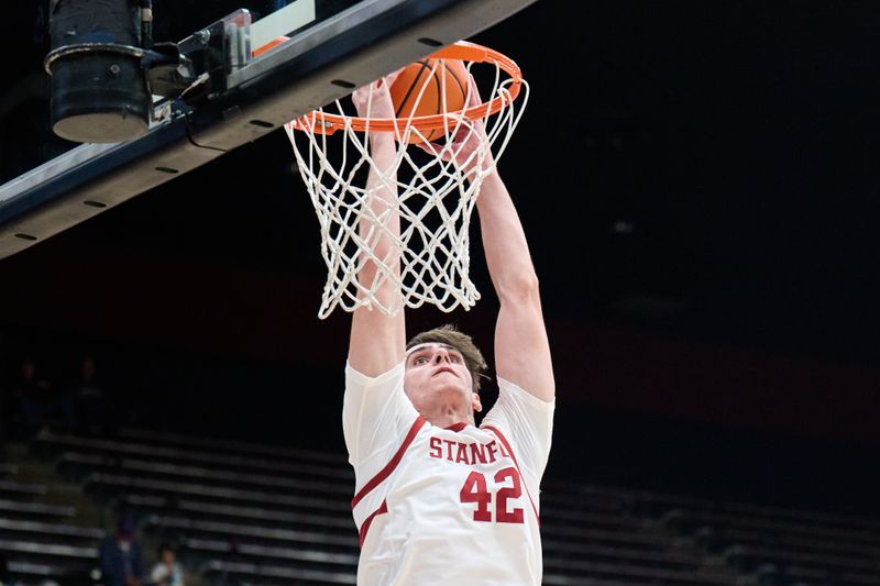 Dec 3, 2023; Stanford, California, USA; Stanford Cardinal forward Maxime Raynaud (42) dunks the basketball against the San Diego Toreros during the first half at Maples Pavilion. Mandatory Credit: Robert Edwards-USA TODAY Sports