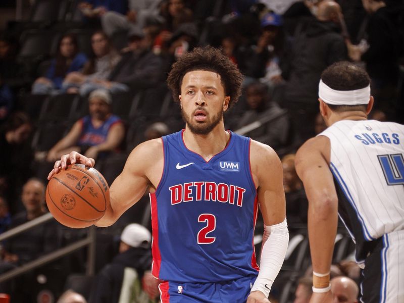 DETROIT, MI - FEBRUARY 4: Cade Cunningham #2 of the Detroit Pistons looks on during the game against the Orlando Magic on February 4, 2024 at Little Caesars Arena in Detroit, Michigan. NOTE TO USER: User expressly acknowledges and agrees that, by downloading and/or using this photograph, User is consenting to the terms and conditions of the Getty Images License Agreement. Mandatory Copyright Notice: Copyright 2024 NBAE (Photo by Brian Sevald/NBAE via Getty Images)