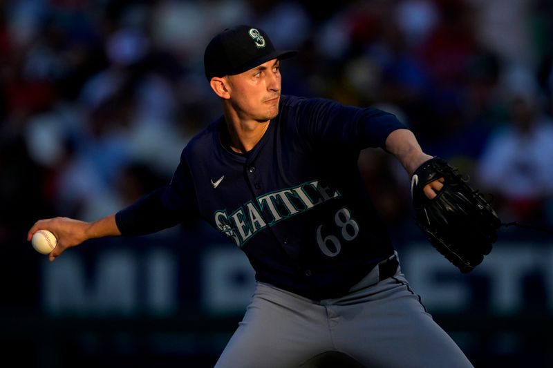 Jul 13, 2024; Anaheim, California, USA;  George Kirby #68 of the Seattle Mariners delivers to the plate in the second inning against the Los Angeles Angels at Angel Stadium. Mandatory Credit: Jayne Kamin-Oncea-USA TODAY Sports