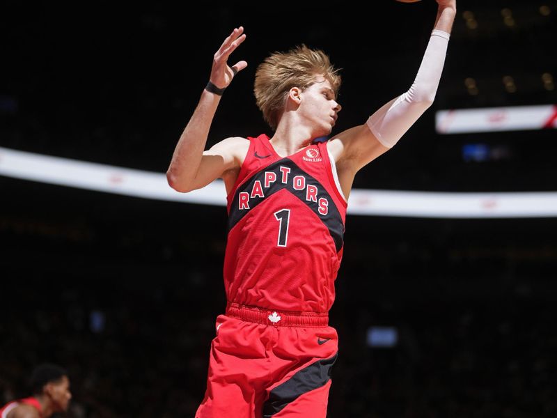 TORONTO, CANADA - FEBRUARY 14: Gradey Dick #1 of the Toronto Raptors rebounds during the game against the Indiana Pacers on February 14, 2024 at the Scotiabank Arena in Toronto, Ontario, Canada.  NOTE TO USER: User expressly acknowledges and agrees that, by downloading and or using this Photograph, user is consenting to the terms and conditions of the Getty Images License Agreement.  Mandatory Copyright Notice: Copyright 2024 NBAE (Photo by Mark Blinch/NBAE via Getty Images)