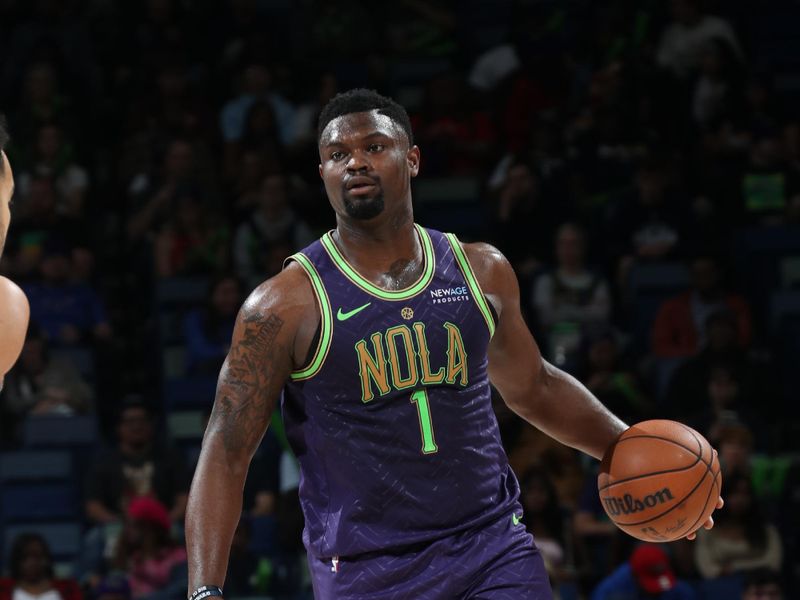 NEW ORLEANS, LA - FEBRUARY 12:  Zion Williamson #1 of the New Orleans Pelicans dribbles the ball during the game against the Sacramento Kings on February 12, 2025 at the Smoothie King Center in New Orleans, Louisiana. NOTE TO USER: User expressly acknowledges and agrees that, by downloading and or using this Photograph, user is consenting to the terms and conditions of the Getty Images License Agreement. Mandatory Copyright Notice: Copyright 2025 NBAE (Photo by Layne Murdoch Jr./NBAE via Getty Images)