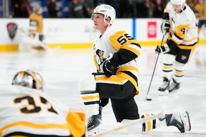 Mar 12, 2026; Las Vegas, Nevada, USA; Pittsburgh Penguins center Noel Acciari (55) warms up before a game against the Vegas Golden Knights at T-Mobile Arena. Mandatory Credit: Stephen R. Sylvanie-Imagn Images