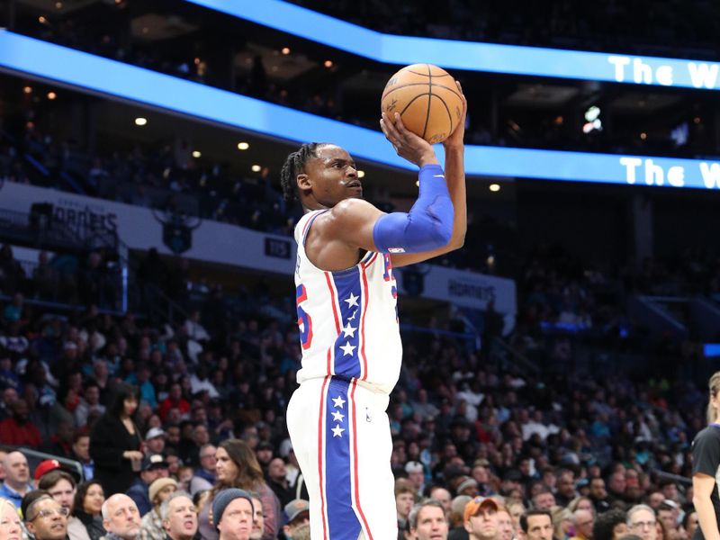 CHARLOTTE, NC - JANUARY 20:  Danuel House Jr. #25 of the Philadelphia 76ers shoots a three point basket during the game  on January 20, 2024 at Spectrum Center in Charlotte, North Carolina. NOTE TO USER: User expressly acknowledges and agrees that, by downloading and or using this photograph, User is consenting to the terms and conditions of the Getty Images License Agreement.  Mandatory Copyright Notice:  Copyright 2024 NBAE (Photo by Brock Williams-Smith/NBAE via Getty Images)