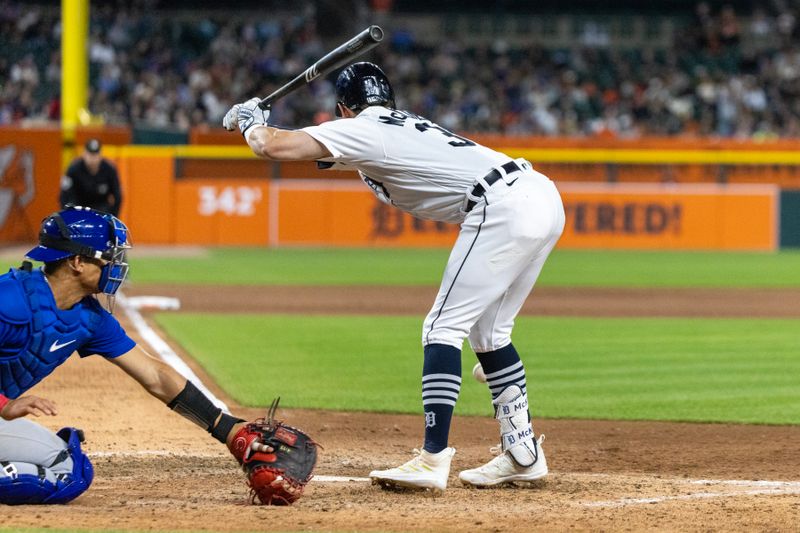 Aug 22, 2023; Detroit, Michigan, USA; Detroit Tigers right fielder Zach McKinstry (39) is hit by a pitch in the eighth inning against the Chicago Cubs at Comerica Park. Mandatory Credit: David Reginek-USA TODAY Sports