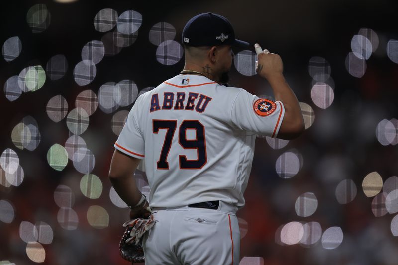 Oct 7, 2023; Houston, Texas, USA; Houston Astros first baseman Jose Abreu (79) looks on in the eighth inning against the Minnesota Twins during game one of the ALDS for the 2023 MLB playoffs at Minute Maid Park. Mandatory Credit: Erik Williams-USA TODAY Sports