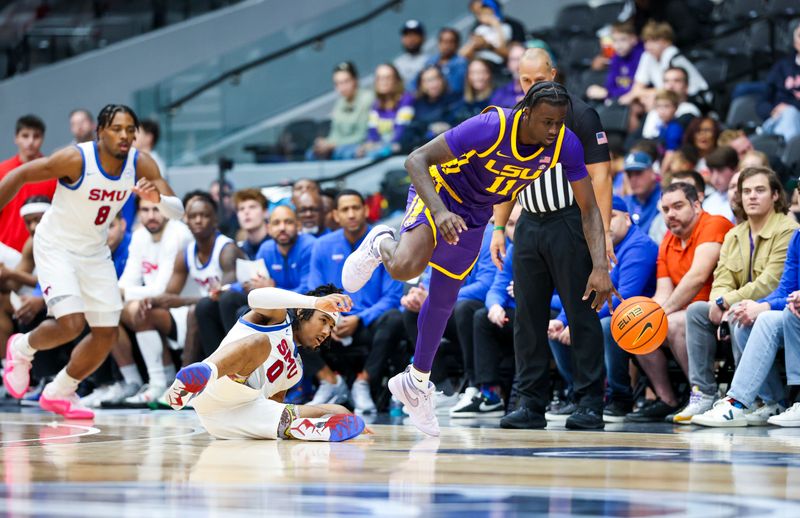 Dec 14, 2024; Frisco, Texas, USA;  LSU Tigers forward Corey Chest (11) steals the ball from Southern Methodist Mustangs guard B.J. Edwards (0) during the second half at Comerica Center. Mandatory Credit: Kevin Jairaj-Imagn Images