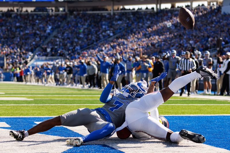 Nov 11, 2023; Lexington, Kentucky, USA; Kentucky Wildcats wide receiver Barion Brown (7) reaches for a pass against Alabama Crimson Tide defensive back Caleb Downs (2) and pass interference is called during the first quarter at Kroger Field. Mandatory Credit: Jordan Prather-USA TODAY Sports