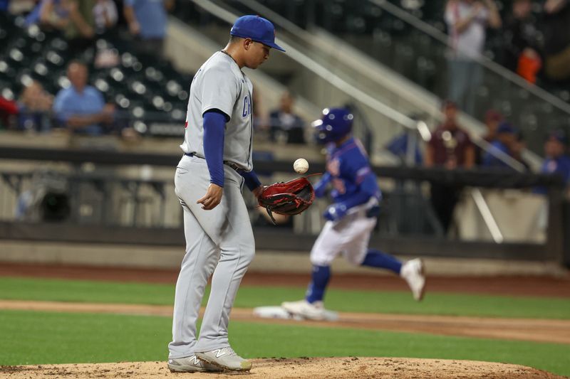 Aug 7, 2023; New York City, New York, USA; Chicago Cubs relief pitcher Daniel Palencia (48) reacts after allowing  a three-run home run to New York Mets shortstop Danny Mendick (15) during the seventh inning at Citi Field. Mandatory Credit: Vincent Carchietta-USA TODAY Sports