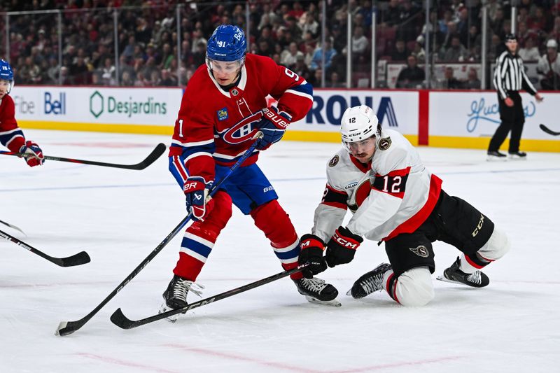 Oct 12, 2024; Montreal, Quebec, CAN; Ottawa Senators center Shane Pinto (12) battles for the puck against Montreal Canadiens center Oliver Kapanen (91) during the first period at Bell Centre. Mandatory Credit: David Kirouac-Imagn Images