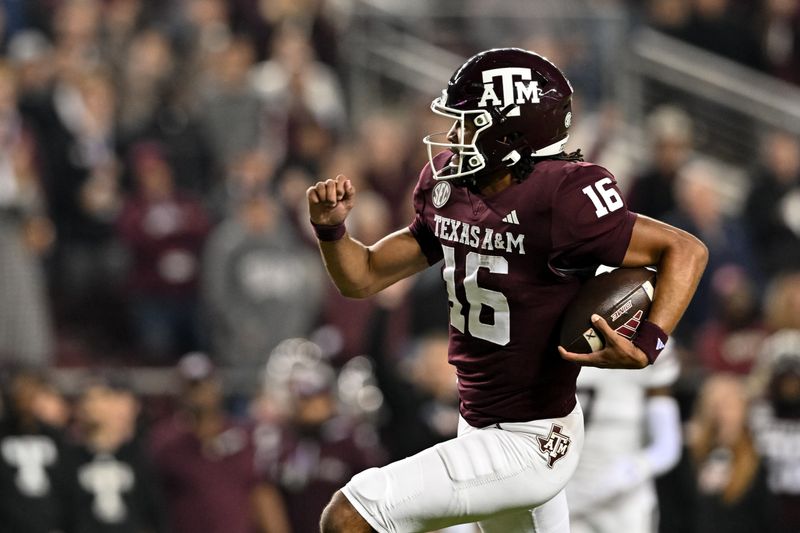 Nov 11, 2023; College Station, Texas, USA; Texas A&M Aggies quarterback Jaylen Henderson (16) runs the ball into the end zone for a touchdown during the first quarter against the Mississippi State Bulldogs at Kyle Field. Mandatory Credit: Maria Lysaker-USA TODAY Sports