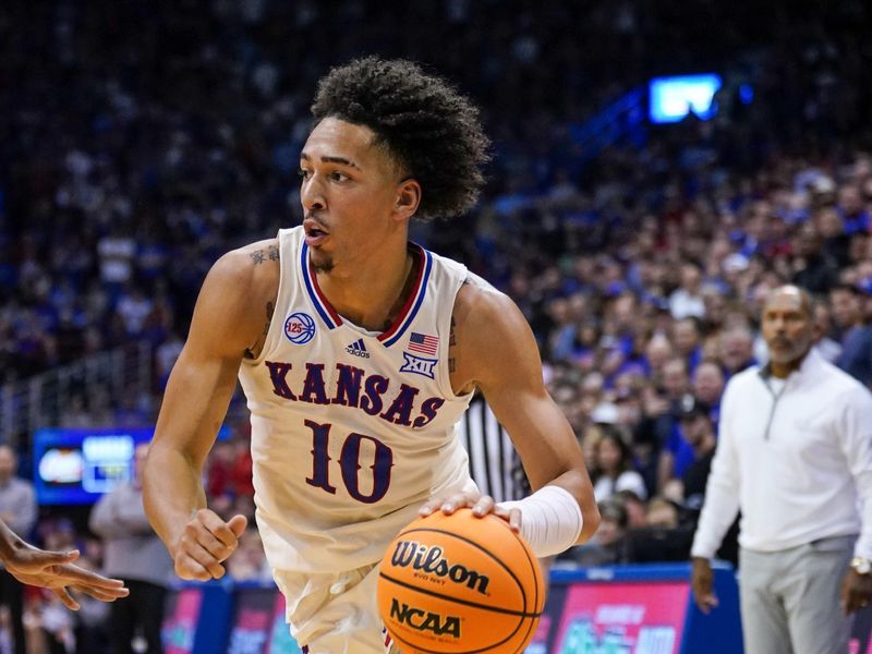 Nov 18, 2022; Lawrence, Kansas, USA; Kansas Jayhawks forward Jalen Wilson (10) dribbles against the Southern Utah Thunderbirds during the second half at Allen Fieldhouse. Mandatory Credit: Denny Medley-USA TODAY Sports