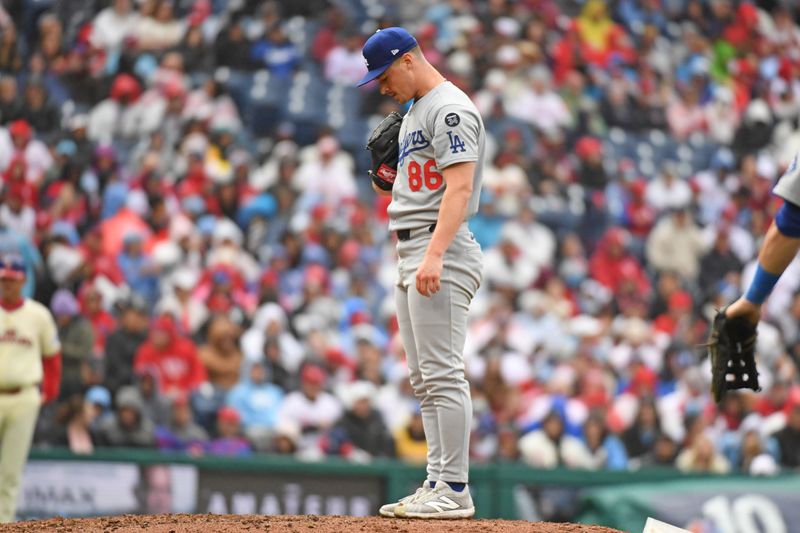 Apr 6, 2025; Philadelphia, Pennsylvania, USA;  Los Angeles Dodgers pitcher Jack Dreyer (86) reacts on the mound before being removed from the game during the sixth inning against the Philadelphia Phillies at Citizens Bank Park. Mandatory Credit: Eric Hartline-Imagn Images