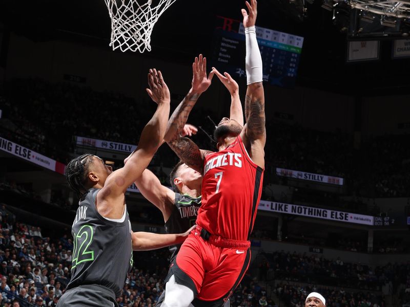 MINNEAPOLIS, MN - FEBRUARY 6: Cam Whitmore #7 of the Houston Rockets drives to the basket during the game against the Minnesota Timberwolves on February 6, 2025 at Target Center in Minneapolis, Minnesota. NOTE TO USER: User expressly acknowledges and agrees that, by downloading and or using this Photograph, user is consenting to the terms and conditions of the Getty Images License Agreement. Mandatory Copyright Notice: Copyright 2025 NBAE(Photo by David Sherman/NBAE via Getty Images)