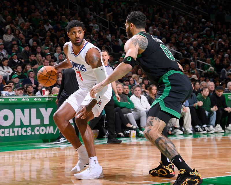 BOSTON, MA - JANUARY 27: Paul George #13 of the LA Clippers dribbles the ball during the game against the Boston Celtics on January 27, 2024 at the TD Garden in Boston, Massachusetts. NOTE TO USER: User expressly acknowledges and agrees that, by downloading and or using this photograph, User is consenting to the terms and conditions of the Getty Images License Agreement. Mandatory Copyright Notice: Copyright 2024 NBAE  (Photo by Brian Babineau/NBAE via Getty Images)