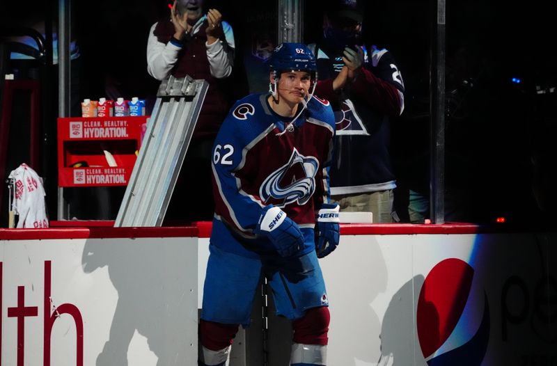 Oct 12, 2022; Denver, Colorado, USA; Colorado Avalanche left wing Artturi Lehkonen (62) first star of the game against the Chicago Blackhawks at Ball Arena. Mandatory Credit: Ron Chenoy-USA TODAY Sports