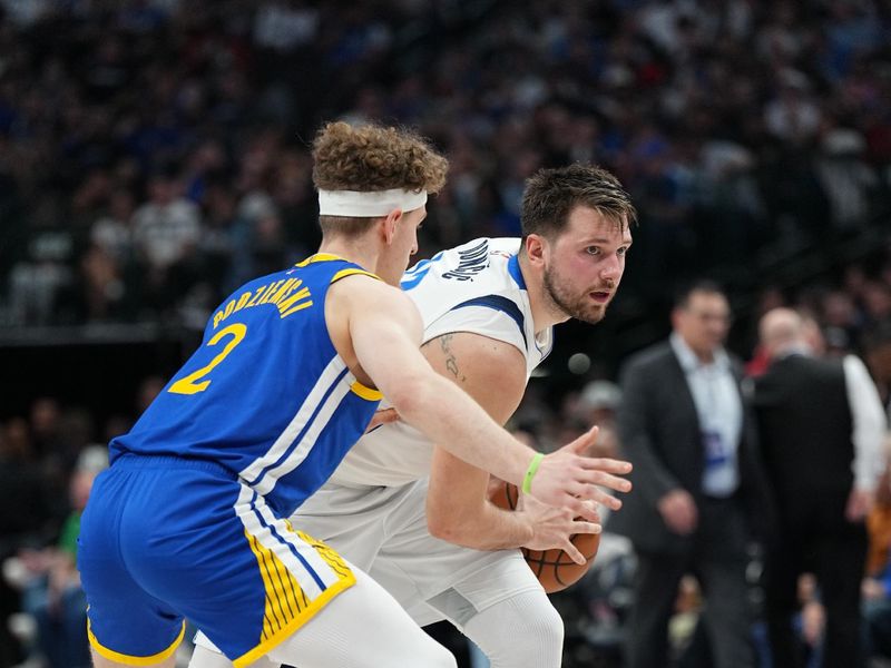 DALLAS, TX - MARCH 13: Luka Doncic #77 of the Dallas Mavericks handles the ball during the game against the Golden State Warriors on March 13, 2024 at the American Airlines Center in Dallas, Texas. NOTE TO USER: User expressly acknowledges and agrees that, by downloading and or using this photograph, User is consenting to the terms and conditions of the Getty Images License Agreement. Mandatory Copyright Notice: Copyright 2024 NBAE (Photo by Glenn James/NBAE via Getty Images)