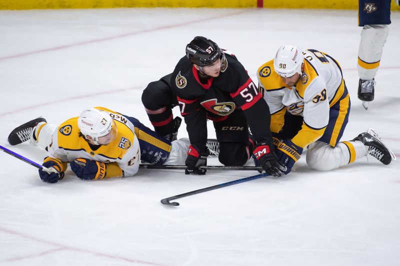 Jan 29, 2024; Ottawa, Ontario, CAN; Ottawa Senators center Shane Pinto (57) takes down Nashville Predators defenseman Ryan McDonagh (27) and center Ryan O'Reilly (90) in the third period at the Canadian Tire Centre. Mandatory Credit: Marc DesRosiers-USA TODAY Sports