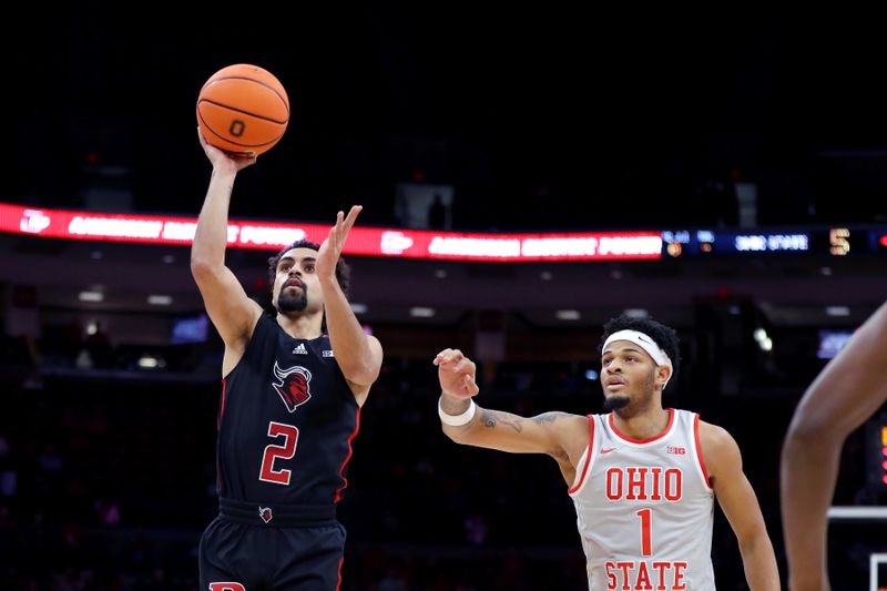 Jan 3, 2024; Columbus, Ohio, USA; Rutgers Scarlet Knights guard Noah Fernandes (2) takes a shot as Ohio State Buckeyes guard Roddy Gayle Jr. (1) defends during the first half at Value City Arena. Mandatory Credit: Joseph Maiorana-USA TODAY Sports