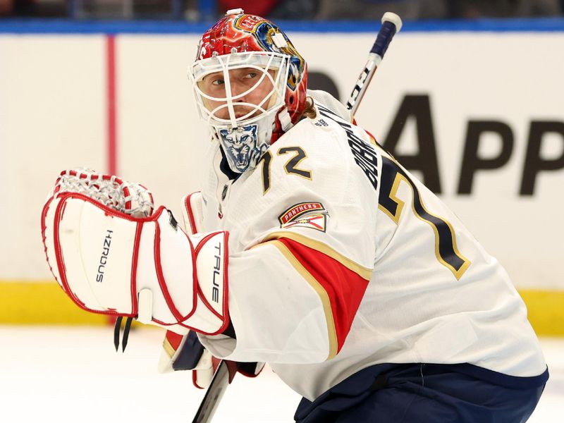 wwApr 25, 2024; Tampa, Florida, USA; Florida Panthers goaltender Sergei Bobrovsky (72) warms up before game three of the first round of the 2024 Stanley Cup Playoffs against the Tampa Bay Lightning at Amalie Arena. Mandatory Credit: Kim Klement Neitzel-USA TODAY Sports