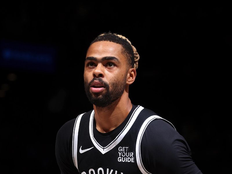 BROOKLYN, NY - JANUARY 4: D'Angelo Russell #1 of the Brooklyn Nets prepares to shoot a free throw during the game against the Philadelphia 76ers on January 4, 2025 at Barclays Center in Brooklyn, New York. NOTE TO USER: User expressly acknowledges and agrees that, by downloading and or using this Photograph, user is consenting to the terms and conditions of the Getty Images License Agreement. Mandatory Copyright Notice: Copyright 2025 NBAE (Photo by Nathaniel S. Butler/NBAE via Getty Images)