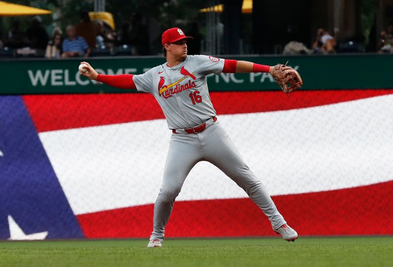 Jul 3, 2024; Pittsburgh, Pennsylvania, USA;  St. Louis Cardinals second baseman Nolan Gorman (16) warms up before the third inning against the Pittsburgh Pirates at PNC Park. Mandatory Credit: Charles LeClaire-USA TODAY Sports