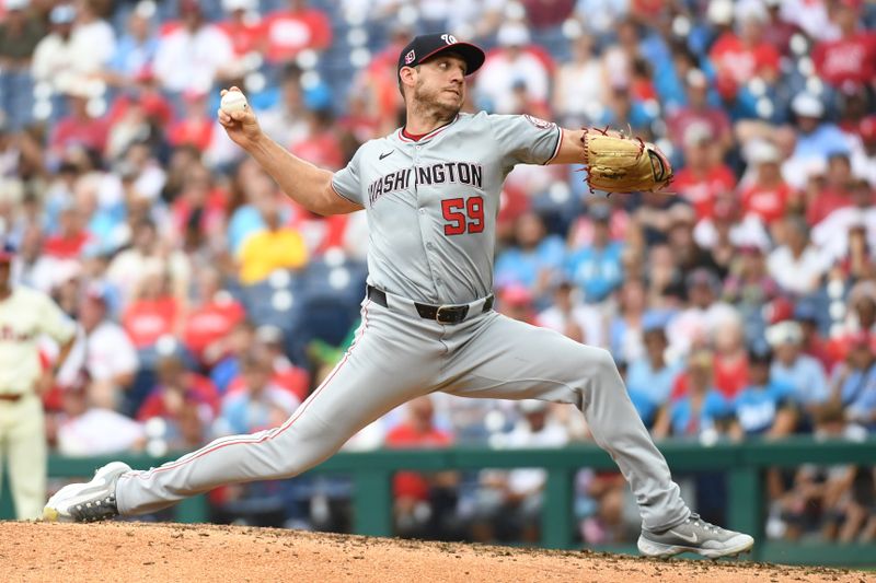 Aug 18, 2024; Philadelphia, Pennsylvania, USA; Washington Nationals pitcher Jacob Barnes (59) throws a pitch during the eighth inning at Citizens Bank Park. Mandatory Credit: Eric Hartline-USA TODAY Sports