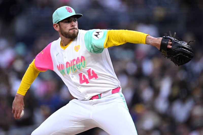 Apr 26, 2024; San Diego, California, USA; San Diego Padres starting pitcher Joe Musgrove (44) throws a pitch against the Philadelphia Phillies during the first inning at Petco Park. Mandatory Credit: Orlando Ramirez-USA TODAY Sports