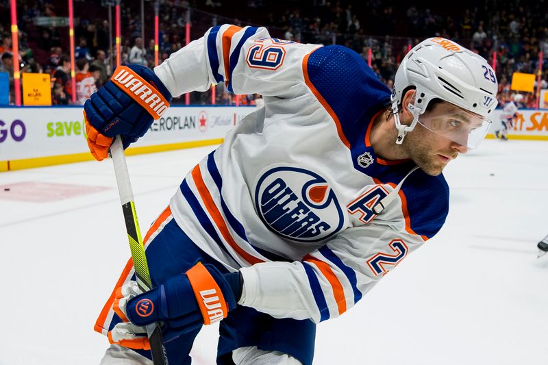 Nov 6, 2023; Vancouver, British Columbia, CAN; Edmonton Oilers forward Leon Draisaitl (29) skates during warm up prior to a game against the Vancouver Canucks at Rogers Arena. Mandatory Credit: Bob Frid-USA TODAY Sports