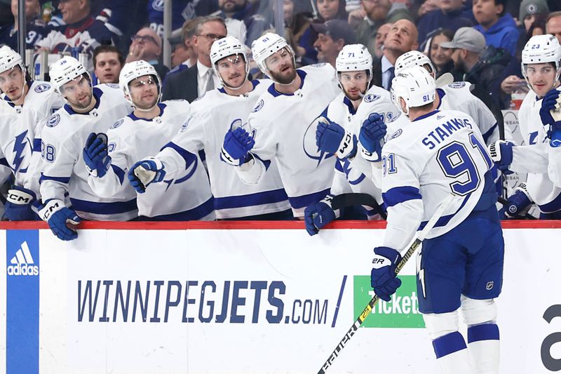 Jan 2, 2024; Winnipeg, Manitoba, CAN; Tampa Bay Lightning center Steven Stamkos (91) celebrates his first period goal against the Winnipeg Jets at Canada Life Centre. Mandatory Credit: James Carey Lauder-USA TODAY Sports