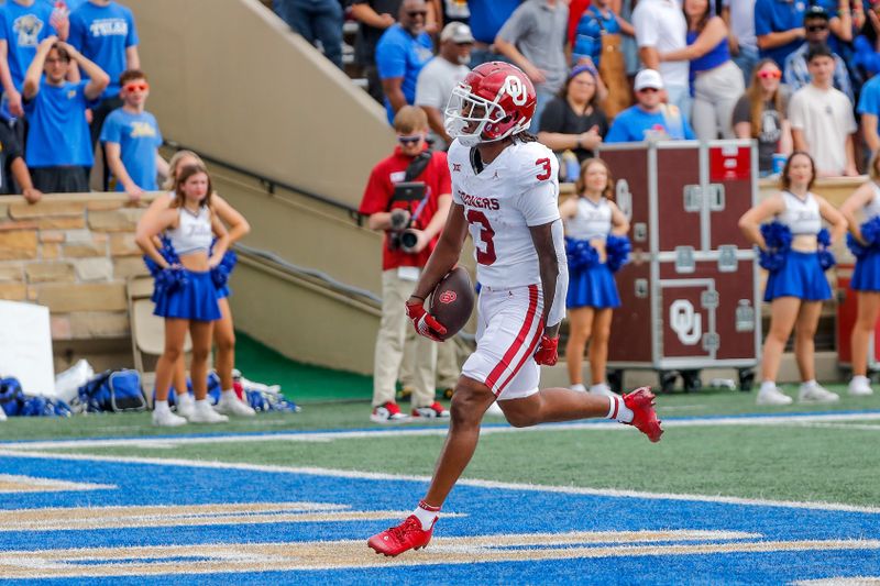 Sep 16, 2023; Tulsa, Oklahoma, USA; Oklahoma's Jalil Farooq (3) scores a touchdown in the first quarter during an NCAA football game between University of Oklahoma (OU) and University of Tulsa at Skelly Field at H.A. Chapman Stadium. Mandatory Credit: Nathan J. Fish-USA TODAY Sports