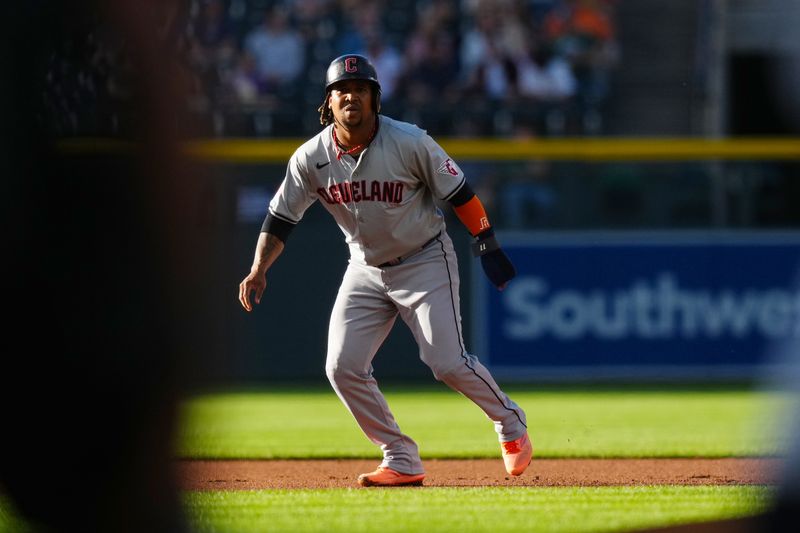 May 29, 2024; Denver, Colorado, USA; Cleveland Guardians third base Jose Ramirez (11) during the first inning against the Colorado Rockies at Coors Field. Mandatory Credit: Ron Chenoy-USA TODAY Sports