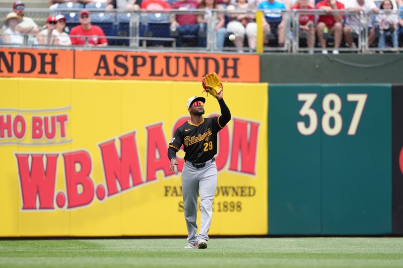 May 18, 2025; Philadelphia, Pennsylvania, USA; Pittsburgh Pirates outfielder Alexander Canario (29) fields a fly ball against the Philadelphia Phillies in the second inning at Citizens Bank Park. Mandatory Credit: Kyle Ross-Imagn Images