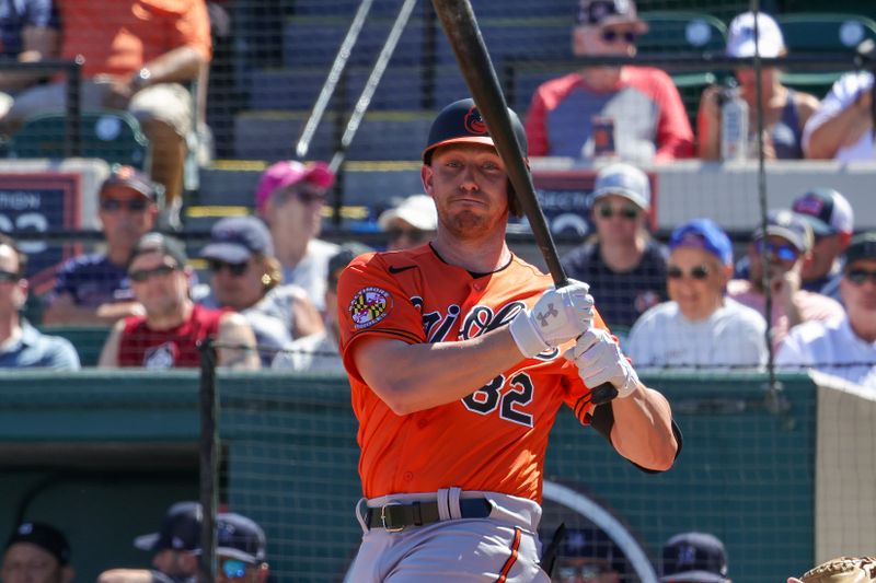 Feb 26, 2023; Lakeland, Florida, USA; Baltimore Orioles shortstop Jordan Westburg (82) at bat during the second inning against the Detroit Tigers at Publix Field at Joker Marchant Stadium. Mandatory Credit: Mike Watters-USA TODAY Sports