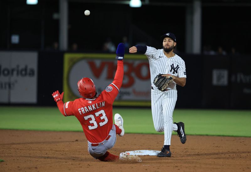 Feb 25, 2026; Tampa, Florida, USA; New York Yankees infielder Jonathan Ornelas (64) forces out Washington Nationals left fielder Christian Franklin (33) and throws the ball to first base for a double play during the third inning at George M. Steinbrenner Field. Mandatory Credit: Kim Klement Neitzel-Imagn Images